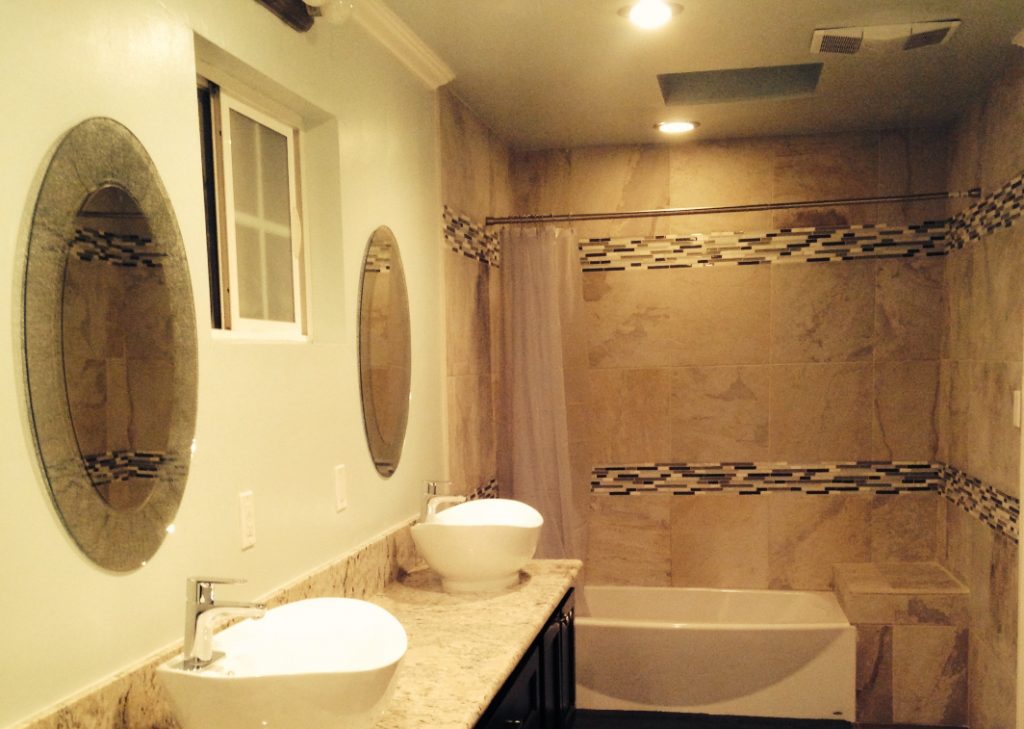 Two vessel sinks in bathroom