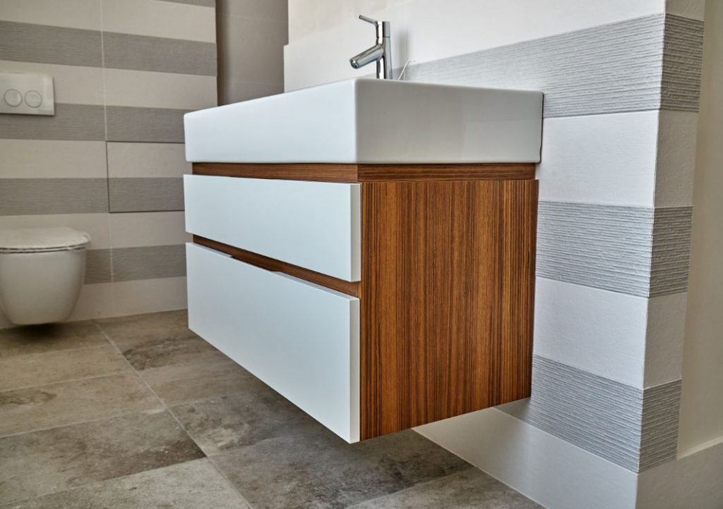 Wood and stone floating vanity