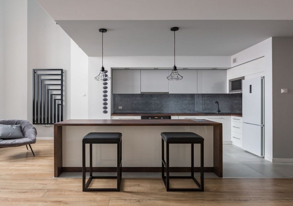 Wood waterfall island countertop