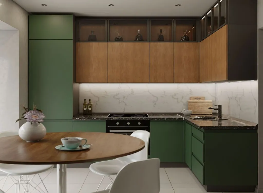 Green and wood kitchen cabinets